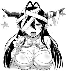 Rule 34 | 1girl, antenna hair, bandages, bandaged arm, bandages, breasts, cleavage, danua, draph, granblue fantasy, greyscale, hair between eyes, horn ornament, horns, kanno takanori, large breasts, monochrome, monochrome, pointy ears, solo, tongue, tongue out