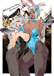 Rule 34 | 2girls, aihcnim, animal ears, arm up, warrior of light (ff14), black leotard, black pantyhose, blue eyes, blue leotard, breasts, champagne flute, commission, cup, dark-skinned female, dark skin, detached collar, drinking glass, final fantasy, final fantasy xiv, fishnet pantyhose, fishnets, glasses, gloves, grey hair, highleg, highleg leotard, holding, holding tray, huge breasts, leotard, lips, long hair, looking at viewer, minchia, mole, mole under eye, multiple girls, open mouth, pantyhose, playboy bunny, poker chip, rabbit ears, rabbit tail, red lips, round eyewear, short hair, skeb commission, strapless, strapless leotard, tail, tray, viera, white gloves, wrist cuffs