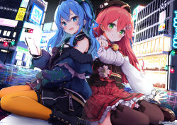 Rule 34 | 2girls, ahoge, bell, beret, black headwear, black shorts, black thighhighs, blue eyes, blue hair, blue jacket, blush, breasts, building, censored, closed mouth, commentary, english commentary, flower, full body, green eyes, hair flower, hair ornament, hat, highres, holding, holding phone, hololive, hoshimachi suisei, hoshimachi suisei (casual), jacket, long hair, long sleeves, looking at viewer, medium breasts, multiple girls, neck bell, niwasane (saneatsu03), official alternate costume, open mouth, orange pantyhose, pantyhose, paw pose, phone, pink hair, plaid, plaid skirt, red skirt, sakura miko, sakura miko (casual), shirt, shorts, sitting, skirt, smile, thighhighs, traffic light, virtual youtuber, white shirt, yokozuwari
