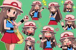 Rule 34 | 1girl, ^ ^, anger vein, bag, black wristband, blue shirt, blush, brown eyes, brown hair, bucket hat, closed eyes, closed mouth, commentary request, creatures (company), double v, fang, game freak, green background, hair flaps, hands up, hat, holding, holding poke ball, kuwagata zaurus, leaf (pokemon), long hair, messenger bag, multiple views, nintendo, notice lines, open mouth, outline, pleated skirt, poke ball, poke ball (basic), pokemon, pokemon frlg, red skirt, shirt, shoulder bag, skirt, sleeveless, sleeveless shirt, sparkle, u u, v, vs seeker, white headwear, wristband, yellow bag