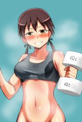 Rule 34 | 1girl, blue background, blush, bottomless, bra, breasts, brown hair, dumbbell, exercising, gertrud barkhorn, grin, medium breasts, out-of-frame censoring, smile, solo, sports bra, steam, strike witches, sweat, sweat stain, tank top, the-k, twintails, underwear, weights, world witches series, yellow eyes