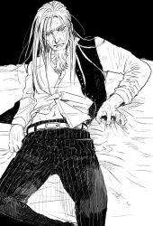 Rule 34 | 1boy, 5533, beard, bed sheet, belt, black background, closed mouth, dress shirt, facial hair, golden kamuy, greyscale, highres, hijikata toshizou (golden kamuy), long hair, long sleeves, looking at viewer, male focus, midriff, monochrome, navel, old, old man, on bed, open clothes, open vest, pants, partially unbuttoned, reclining, sheet grab, shirt, simple background, spread legs, striped clothes, striped pants, untucked shirt, vertical-striped clothes, vertical-striped pants, vest, wrinkled skin