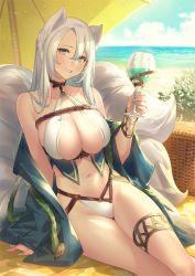 Rule 34 | 1girl, afk arena, animal ears, anklet, aqua eyes, arm support, bare shoulders, bikini, breasts, choker, cleavage, coat, cup, drinking glass, fox ears, fox girl, fox tail, grin, groin, highleg, highleg bikini, holding, holding cup, jewelry, kitsune, large breasts, long hair, looking at viewer, mature female, mole, mole under eye, multiple tails, nail polish, off shoulder, official art, open clothes, open coat, popqn, rope, silver hair, sitting, smile, solo, swimsuit, tail, thighs, white bikini, wine glass