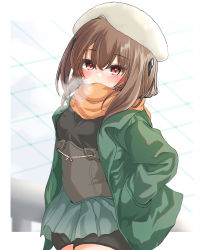 Rule 34 | 1girl, absurdres, beret, bike shorts, black shorts, breath, brown eyes, brown hair, commentary request, corset, covering own mouth, cowboy shot, duplicate, green jacket, green skirt, hands in pockets, hat, highres, jacket, kantai collection, kasashi (kasasi008), looking at viewer, orange scarf, pixel-perfect duplicate, pleated skirt, scarf, shorts, skirt, solo, taihou (kancolle), white hat