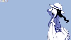Rule 34 | 1girl, aoyama kotoha (mitsuboshi colors), artist request, bag, blue background, blue theme, child, dress, female focus, handbag, hat, highres, jacket, mitsuboshi colors, solo, source request, standing