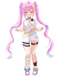 Rule 34 | 1girl, absurdres, ahoge, asymmetrical footwear, asymmetrical legwear, bandaged arm, bandages, bandaid, bandaid on face, blush, blush stickers, commission, flat chest, hair ornament, heterochromia, highres, idol corp, knees, looking at viewer, multicolored hair, nose, pink eyes, pink hair, purple eyes, riro ron, shirt, shoes, smile, socks, star (symbol), thighs, transparent background, twintails, virtual youtuber, wings