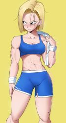 Rule 34 | 1girl, abs, android 18, blonde hair, blue eyes, breasts, cleavage, crop top, dragon ball, echo saber, highres, looking away, midriff, muscular, muscular female, navel, short hair, shorts, solo, sports bra, sportswear, stomach, toned