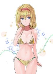 Rule 34 | 1girl, alice margatroid, bare arms, bare shoulders, bikini, blonde hair, blue eyes, breasts, commentary request, cowboy shot, hair between eyes, hairband, hand up, highres, large breasts, looking at viewer, navel, parted lips, red hairband, short hair, side-tie bikini bottom, simple background, solo, standing, star (symbol), stomach, swimsuit, thigh gap, thighs, touhou, white background, y2, yellow bikini