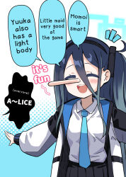 Rule 34 | 1girl, :d, ^ ^, absurdly long hair, aris (blue archive), black hair, black hairband, black skirt, blue archive, blue halo, blue necktie, blush, closed eyes, collared shirt, commentary, english commentary, english text, hair between eyes, hairband, halo, highres, hm (hmongt), jacket, long bangs, long hair, long nose, long sleeves, looking at viewer, necktie, one side up, open clothes, open jacket, open mouth, pinocchio, pleated skirt, school uniform, shirt, sidelocks, simple background, skirt, smile, solo, speech bubble, very long hair, white jacket, white shirt