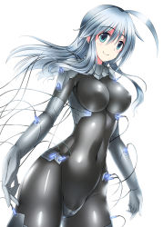Rule 34 | 1girl, ahoge, aqua eyes, blue hair, blush, bodysuit, breasts, cable, covered erect nipples, covered navel, gloves, hip focus, large breasts, long hair, looking at viewer, ment, original, shiny clothes, silver hair, simple background, skin tight, smile, solo, standing, white background