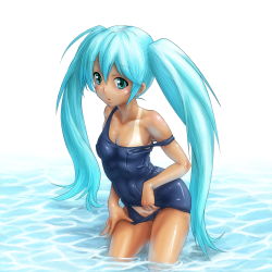 Rule 34 | 1girl, aqua eyes, aqua hair, breasts, colorized, covered erect nipples, hatsune miku, highres, long hair, medium breasts, one-piece swimsuit, school swimsuit, school swimsuit flap, shiny clothes, solo, spraywork, strap slip, swimsuit, tan, tanline, twintails, very long hair, vocaloid, wading, water