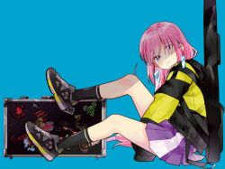 Rule 34 | 1girl, alternate costume, black footwear, black jacket, black socks, blue background, blue eyes, bocchi the rock!, case, closed mouth, dark side of the moon, earrings, from side, full body, gotoh hitori, guitar case, hair over eyes, hamazi aki, instrument case, jacket, jewelry, jimi hendrix, kiss (rock band), kurt cobain, led zeppelin, logo, long hair, looking at viewer, multicolored clothes, multicolored jacket, nirvana (band), official art, pink floyd, pink hair, pleated skirt, purple skirt, radiohead (band), ramones, red hot chili peppers, shaded face, simple background, sitting, skirt, smile, socks, solo, the clash, the who, two-tone jacket, two-tone skirt, yellow jacket