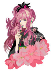 Rule 34 | 1girl, cherry blossoms, earrings, japanese clothes, jewelry, kimono, lipstick, long hair, macross, macross frontier, makeup, pink hair, ponytail, purple eyes, rajiru (rz15), sheryl nome, simple background, solo, white background