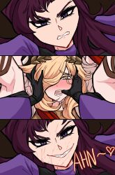 Rule 34 | 2girls, blonde hair, blush, centurii-chan (artist), comic, finger in another&#039;s mouth, greco-roman clothes, grin, hair over one eye, highres, holding, implied sex, legate (centurii-chan), long hair, multiple girls, original, praetorian (centurii-chan), purple hair, roman clothes, smile, suggestive fluid, sweat, weapon, yellow eyes, yuri