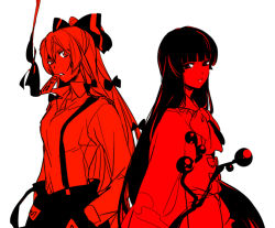 Rule 34 | 2girls, branch, chikage (kinokodou), female focus, fire, fujiwara no mokou, hands in pockets, houraisan kaguya, jeweled branch of hourai, monochrome, mouth hold, multiple girls, ofuda, red theme, simple background, spot color, touhou
