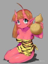 Rule 34 | 1girl, :o, ahoge, bare shoulders, blue eyes, blunt bangs, breasts, bright pupils, brown hair, colored skin, commentary request, dress, fingernails, gourd, grey background, holding, horns, kai himo, large breasts, looking at viewer, one-hour drawing challenge, oni, oni costume, oni horns, original, pointy ears, red oni, red skin, retro artstyle, simple background, sitting, solo, striped clothes, striped dress, twitter username, yokozuwari