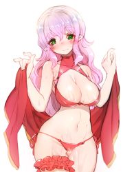 Rule 34 | 1girl, :3, absurdres, areola slip, bikini, blush, breasts, cleavage, green eyes, harigane shinshi, highres, large breasts, long hair, looking at viewer, navel, original, pointy ears, purple hair, red bikini, smile, solo, star-shaped pupils, star (symbol), swimsuit, symbol-shaped pupils, thick eyebrows, towel