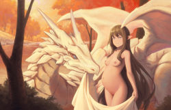 Rule 34 | 1girl, big belly, bigrbear, blue eyes, breasts, brown hair, cleft of venus, dragon, forest, highres, long hair, looking at viewer, medium breasts, nature, navel, nipples, nude, original, outdoors, pointy ears, pregnant, pussy, tree, uncensored