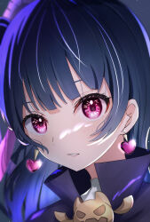 Rule 34 | 1girl, awaomi, black coat, blue hair, blush, coat, commentary, earrings, genjitsu no yohane, heart, heart earrings, high collar, highres, jewelry, light particles, long hair, looking at viewer, love live!, love live! sunshine!!, parted lips, pink eyes, portrait, shadow, sidelocks, solo, sparkle, tsushima yoshiko, yohane (genjitsu no yohane)