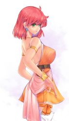 Rule 34 | 1girl, bare back, bare shoulders, boots, breasts, dress, earrings, final fantasy, final fantasy v, green eyes, jewelry, kirishima satoshi, large breasts, lenna charlotte tycoon, orange dress, red hair, solo, standing, tachi-e, thigh boots, thigh strap, thighhighs, white background