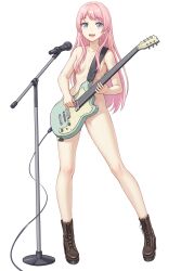 Rule 34 | 1girl, :d, bang dream!, bang dream! it&#039;s mygo!!!!!, blue eyes, boots, brown footwear, chihaya anon, collarbone, commentary request, da akana xiv, full body, hair over eyes, highres, holding, holding instrument, instrument, long hair, looking at viewer, microphone, microphone stand, music, no legwear, nude, open mouth, pink hair, playing instrument, simple background, smile, solo, standing, teeth, thighs, upper teeth only, white background
