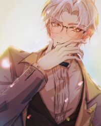 Rule 34 | 1boy, brown jacket, brown vest, closed mouth, formal, glasses, highres, jacket, long sleeves, looking at viewer, male focus, mole, mole under eye, ruriswhite, shirt, short hair, solo, tears of themis, upper body, vest, vyn richter (tears of themis), white background, white hair, white shirt, yellow eyes