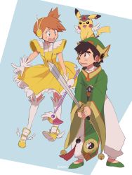 Rule 34 | 1boy, 1girl, ash ketchum, cardcaptor sakura, chinese clothes, commentary, cosplay, creatures (company), dress, english commentary, fuuin no tsue, game freak, gen 1 pokemon, gloves, green footwear, green headwear, hat, highres, holding, holding sword, holding wand, holding weapon, kero (cardcaptor sakura), kero (cosplay), kinomoto sakura, kinomoto sakura (cosplay), li xiaolang, li xiaolang (cosplay), long sleeves, looking at another, misty (pokemon), nintendo, on head, open mouth, orange hair, pikachu, pointing, pokemon, pokemon (anime), pokemon (classic anime), pokemon (creature), pokemon on head, rica diaz, shoes, signature, smile, sword, wand, weapon, white gloves, white legwear, white wings, wide sleeves, wings, yellow dress, yellow footwear