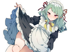 Rule 34 | 1girl, absurdres, apron, aqua hair, black dress, blush, bow, bowtie, closed mouth, doll joints, dress, hair ribbon, highres, ikeuchi tanuma, joints, long hair, long sleeves, maid, maid headdress, original, pointy ears, red eyes, ribbon, simple background, skirt hold, solo, sweat, twitter username, white apron, white background, yellow bow, yellow bowtie