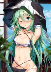 Rule 34 | 1girl, :o, adapted costume, arms up, bare shoulders, bikini, bikini under clothes, bird, black ribbon, black serafuku, blue neckwear, blush, breasts, cloud, day, detached sleeves, green hair, hair between eyes, hair flaps, hair ribbon, highres, kantai collection, kuria (clear trip second), long hair, looking at viewer, navel, one eye closed, open window, ribbon, school uniform, serafuku, sky, small breasts, smile, solo, swimsuit, swimsuit under clothes, undressing, window, yamakaze (kancolle)