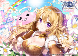 Rule 34 | 1girl, ahoge, apple caramel, arm up, blonde hair, blue sky, blush, bow, breasts, brown gloves, character request, cleavage, collarbone, commentary request, copyright name, fingerless gloves, flower request, gloves, hair between eyes, hair bow, hand on own cheek, hand on own face, highres, long hair, looking at viewer, medium breasts, official art, purple eyes, ragnarok online, ragnarok origin, selfie, sky, smile, upper body, viewfinder, watermark