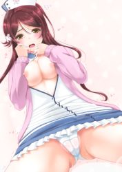 Rule 34 | 10s, 1girl, arms up, blush, breasts, breasts out, breasts squeezed together, cameltoe, flying, frapowa, from below, gluteal fold, hair ornament, hairclip, hat, heart, long hair, long sleeves, looking at viewer, love live!, love live! sunshine!!, medium breasts, nipples, nurse, nurse cap, open mouth, panties, partially visible vulva, pussy juice, pussy juice drip, red hair, sakurauchi riko, solo, sparkle, tears, thighs, trembling, underwear, white panties