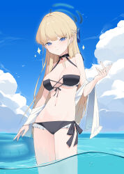 Rule 34 | 1girl, absurdres, alternate costume, bikini, black bikini, blonde hair, blue archive, blue eyes, blue hair, blue sky, blunt bangs, braid, breasts, closed mouth, cloud, cloudy sky, commentary request, cumulonimbus cloud, day, french braid, halo, hand up, highres, innertube, long hair, looking at viewer, medium breasts, multicolored hair, navel, okappa (bobbed001), outdoors, partially underwater shot, sky, solo, sparkle, standing, streaked hair, swim ring, swimsuit, toki (blue archive), wading