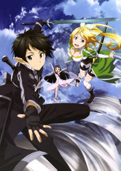 Rule 34 | 10s, 1boy, 2girls, absurdres, black eyes, black hair, blonde hair, breasts, cleavage, fingerless gloves, gloves, green eyes, highres, holding, holding sword, holding weapon, katana, kirito, kirito (sao-alo), leafa, long hair, looking at viewer, mini person, minigirl, multiple girls, open mouth, pointy ears, smile, sword, sword art online, weapon, yui (sao), yui (sao-alo)