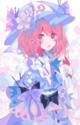 Rule 34 | 1girl, :o, absurdres, black bow, blue bow, blue bowtie, blue hat, blue kimono, blush, bow, bowtie, bright pupils, cherry blossoms, commentary, flower, frilled sleeves, frills, hair between eyes, hand up, hat, hat flower, highres, japanese clothes, kimono, long sleeves, looking at viewer, looking to the side, medium hair, mob cap, obi, open mouth, pink eyes, pink flower, pink hair, purple bow, saigyouji yuyuko, sash, solo, touhou, triangular headpiece, umemaro (siona0908), upper body, white pupils, wide sleeves
