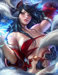 Rule 34 | 1girl, ahri (league of legends), animal ears, bare shoulders, black hair, breasts, cleavage, fox ears, fox tail, highres, huge breasts, korean clothes, league of legends, lips, long hair, looking at viewer, multiple tails, navel, open mouth, sakimichan, smile, solo, tail, torn clothes, watermark, yellow eyes
