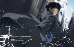 1boy black_coat black_hair blue_sky brown_eyes closed_mouth coat cowboy_bebop hands_in_pockets highres kawamoto_toshihiro looking_back official_art scan shadow sky spike_spiegel window