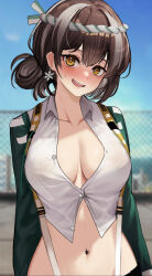 Rule 34 | 1girl, absurdres, arknights, blurry, blurry background, blush, breasts, brown hair, chain-link fence, cleavage, collarbone, collared shirt, commentary, crop top, cropped shirt, day, earrings, english commentary, fence, green jacket, hachimaki, headband, highres, jacket, jewelry, large breasts, looking at viewer, magallan (arknights), magallan (shaved-ice memories) (arknights), medium hair, multicolored hair, navel, nejiri hachimaki, nervous smile, no bra, official alternate costume, open mouth, orange eyes, outdoors, partially unbuttoned, shirt, smile, snowflake earrings, solo, stomach, streaked hair, sweatdrop, two-tone hair, upper body, white hair, white shirt, wing collar, zeragoes