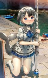 Rule 34 | 1girl, absurdres, blowhole, blue dress, blue eyes, blue neckerchief, blush, cetacean tail, dress, embarrassed, fins, fish girl, fish tail, frilled dress, frills, grey dress, grey hair, highres, kemono friends, kneeling, monster girl, multicolored clothes, multicolored dress, multicolored hair, narwhal (kemono friends), neckerchief, no shoes, polearm, puffy short sleeves, puffy sleeves, sailor collar, sailor dress, short hair, short sleeves, socks, solo, spear, tail, weapon, welt (kinsei koutenkyoku), white hair, white socks