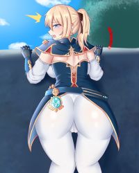 Rule 34 | 1girl, artist request, ass, backboob, blonde hair, blue eyes, blush, bow, breasts, cameltoe, cleft of venus, climbing, from behind, gameplay mechanics, genshin impact, gloves, hair bow, huge ass, jean (genshin impact), large breasts, long hair, looking at viewer, looking back, open mouth, pants, ponytail, shiny clothes, shiny skin, skin tight, solo, tailcoat, tight clothes, tight pants, vision (genshin impact)