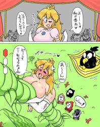 Rule 34 | 1girl, 4boys, blonde hair, blue eyes, blush, breasts, carpet, cellphone, climbing, comic, crown, crying, curtains, dress, earrings, embarrassed, facial hair, flag, gloves, grass, hat, highres, hood, jewelry, long hair, luigi, mario, mario (series), mask, multiple boys, mustache, ninji (mario), nintendo, nude, one eye closed, overalls, pantyhose, phone, pidgit, pink dress, plant, princess peach, shy guy, snifit, speech bubble, sugar (e7a082e7b396), super mario bros. 2, sweat, tears, thighs, toad (mario), translation request, vines, wink