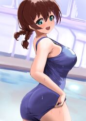 Rule 34 | 1girl, :d, absurdres, adjusting clothes, adjusting swimsuit, aqua eyes, ass, braid, breasts, brown hair, commentary, emma verde, freckles, highres, indoors, large breasts, light blush, long hair, looking at viewer, love live!, love live! nijigasaki high school idol club, low twin braids, old school swimsuit, open mouth, pisagi, school swimsuit, smile, solo, swimsuit, teeth, twin braids, upper teeth only, wet