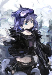 Rule 34 | 1girl, absurdres, andreana (arknights), andreana (elite ii) (arknights), arknights, belt, black jacket, blue eyes, blue hair, city, cracked screen, goggles, goggles on head, gun, highres, jacket, mask, midriff, mouth mask, navel, qianzhu, rifle, sniper rifle, weapon