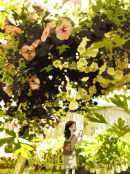 Rule 34 | :d, backpack, bag, black hair, bloom, blurry, blurry background, brown bag, brown eyes, cellphone, dappled sunlight, day, depth of field, dot nose, dress, feet out of frame, flower, flower pot, from behind, from side, grey dress, hair behind ear, hands up, holding, holding phone, leaf, long hair, looking at viewer, looking back, medium dress, monaka (siromona), no lineart, open mouth, original, outdoors, phone, photo background, pink flower, plant, potted plant, scenery, short sleeves, smartphone, smile, solo, standing, sunlight, swept bangs, tareme, tree, wide shot
