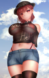 Rule 34 | 1girl, black bow, black hat, black shirt, black thighhighs, blue shorts, bow, breasts, closed mouth, clothes writing, cloud, from below, hat, hecatia lapislazuli, highres, large breasts, looking at viewer, red eyes, red hair, shirt, short hair, short shorts, shorts, shounen (hogehoge), sky, smile, solo, t-shirt, thighhighs, touhou