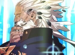 Rule 34 | 1boy, beard, blue cloak, cloak, commentary request, facial hair, fate/grand order, fate (series), from side, hand on own chin, looking at viewer, male focus, mustache, no eyebrows, old, old man, profile, ptolemy (fate), ryuuki garyuu, sparkle, star (symbol), upper body, white hair, wrinkled skin, yellow eyes