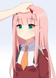 Rule 34 | 10s, 1girl, absurdres, arms at sides, blue background, blush, closed mouth, commentary request, darling in the franxx, gradient background, green eyes, hand on another&#039;s head, highres, horns, ikazu401, jacket, long hair, long sleeves, looking away, necktie, orange neckwear, pink hair, red jacket, short necktie, solo focus, very long hair, white background, zero two (darling in the franxx)