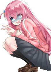 Rule 34 | 1girl, absurdres, blue eyes, bocchi the rock!, breasts, cube hair ornament, gotoh hitori, hair between eyes, hair ornament, highres, jacket, long hair, long sleeves, looking at viewer, multiple girls, one side up, open mouth, pink hair, pink jacket, puroteinaa, shirt, simple background, skirt, solo, track jacket, track suit, turn pale