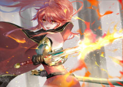 Rule 34 | 1girl, armor, bare back, cape, cermia (epic seven), epic seven, fire, highres, ponytail, red eyes, red hair, smile, sword, vardan, wallpaper, weapon