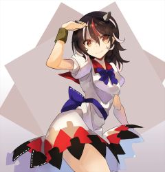 Rule 34 | 1girl, black hair, blue bow, blue sash, bow, bracelet, breasts, commentary request, cone horns, cowboy shot, dress, falken (yutozin), gradient background, grey background, grey horns, hair between eyes, hand up, head tilt, highres, horns, jewelry, kijin seija, looking at viewer, medium breasts, medium hair, multicolored hair, one-hour drawing challenge, puffy short sleeves, puffy sleeves, red eyes, red hair, sailor collar, sash, short sleeves, smile, solo, square, standing, streaked hair, thighs, touhou, white background, white dress, white hair