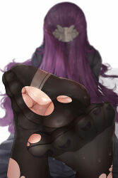 Rule 34 | 1girl, black pantyhose, black robe, blurry, blurry background, depth of field, dorsiflexion, facing away, feet, feet up, fern (sousou no frieren), foot focus, foreshortening, from behind, hair ornament, long hair, lying, nail polish, no shoes, on stomach, paid reward available, pantyhose, purple hair, purple nails, robe, solo, sousou no frieren, sweatdrop, toenail polish, toenails, toes, torn clothes, torn pantyhose, very long hair, wd (1106592840), white background